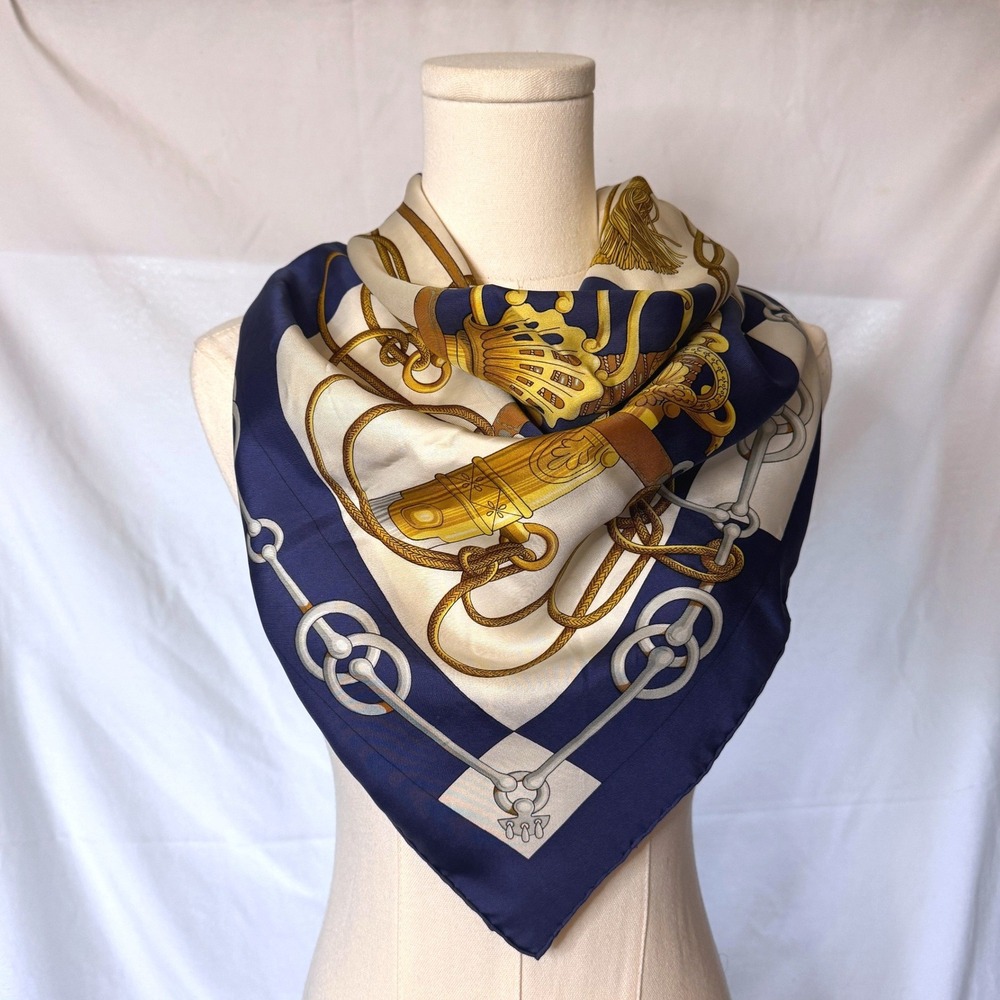 Hermes‎ Cliquetis Silk Scarf Navy Blue Gold Julia Abadie Equestrian Carre 90cm